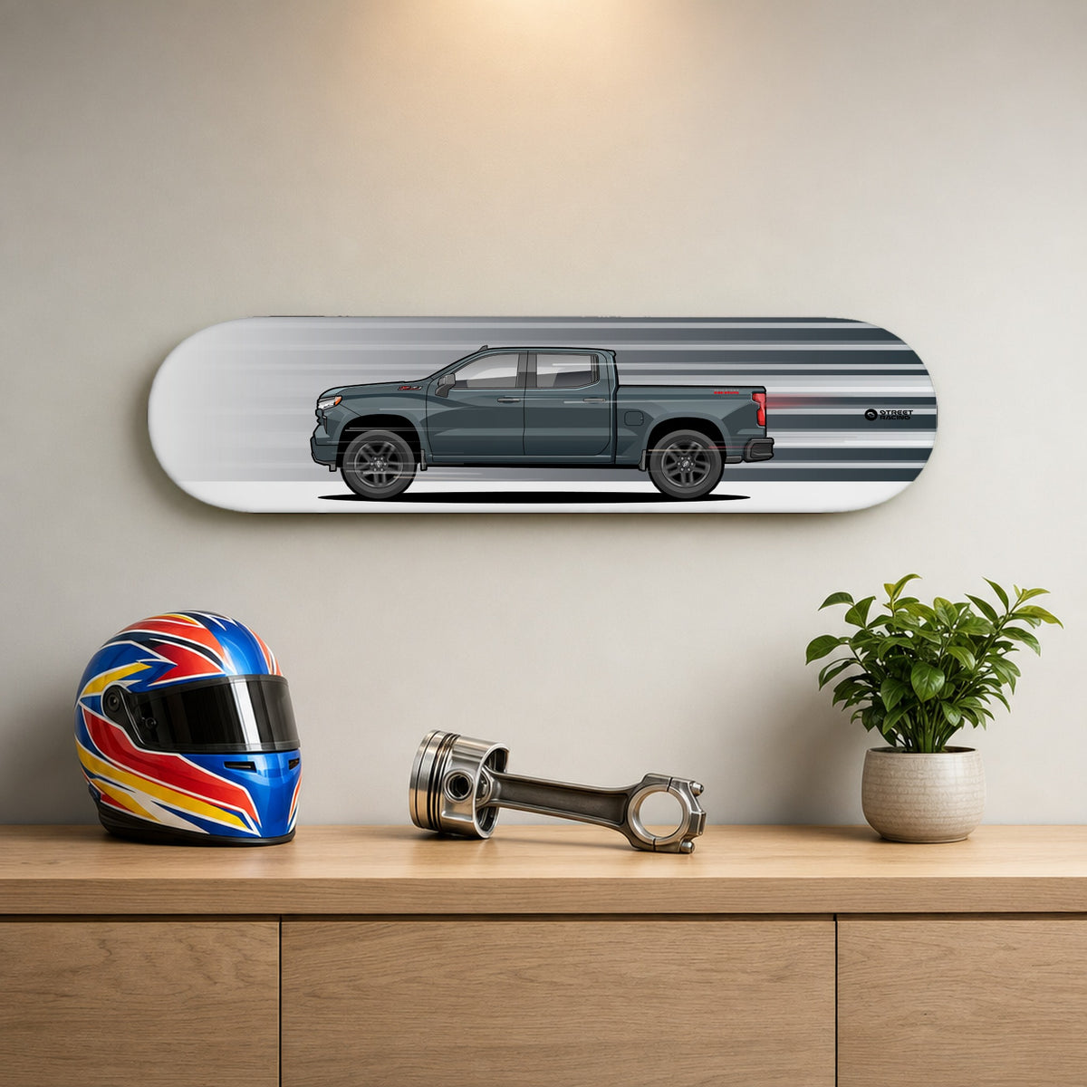 Tabla decorativa skate Chevrolet Silverado 2025 Slate Gray fondo Movimiento en un living – StreetRacing