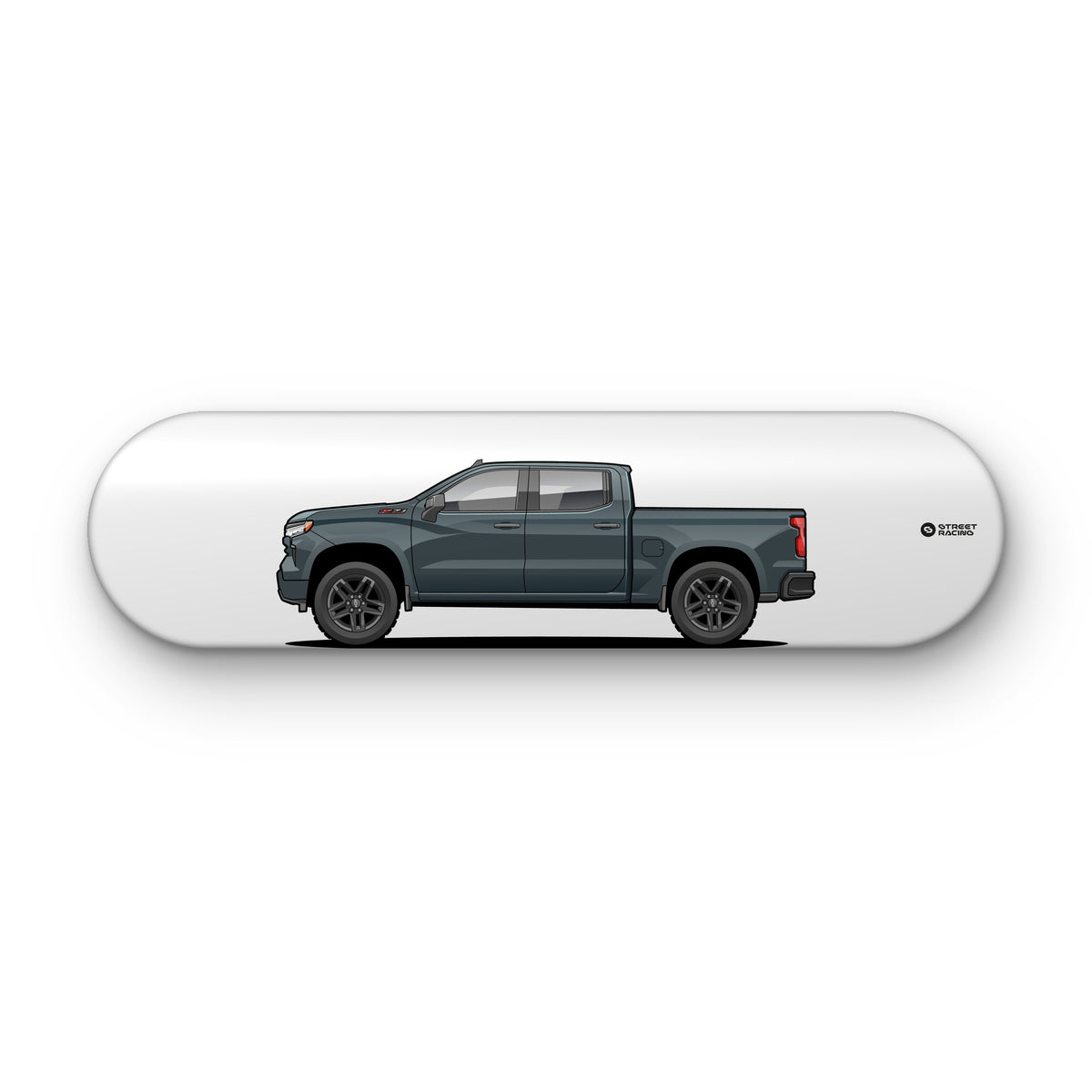 Tabla decorativa skate Chevrolet Silverado 2025 Slate Gray fondo Plano sobre fondo blanco – StreetRacing