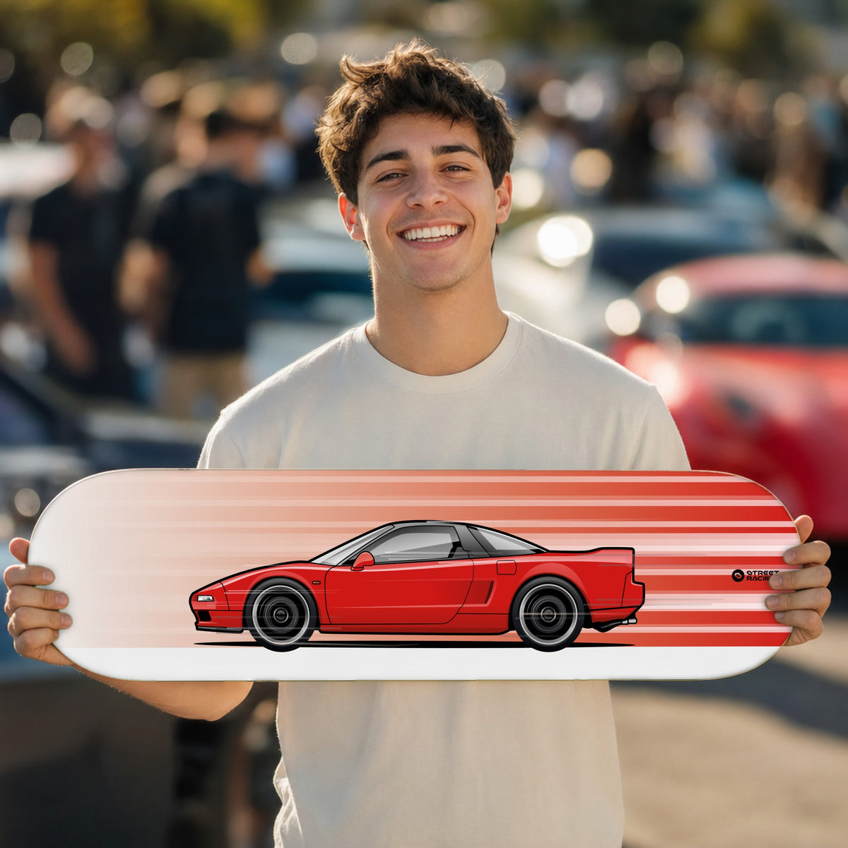 Tabla decorativa skate Honda NSX NA1 Formula Red fondo Movimiento en un car meet – StreetRacing