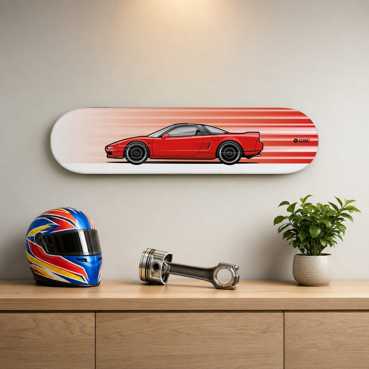 Tabla decorativa skate Honda NSX NA1 Formula Red fondo Movimiento en un living – StreetRacing