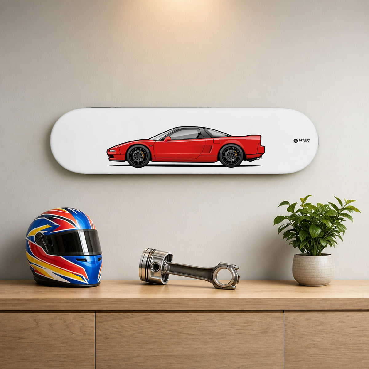 Tabla decorativa skate Honda NSX NA1 Formula Red fondo Plano en un living – StreetRacing