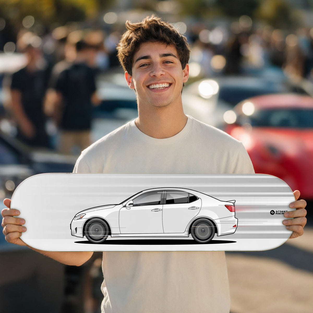 Tabla decorativa skate Lexus IS 250 Starfire Pearl fondo Movimiento en un car meet – StreetRacing