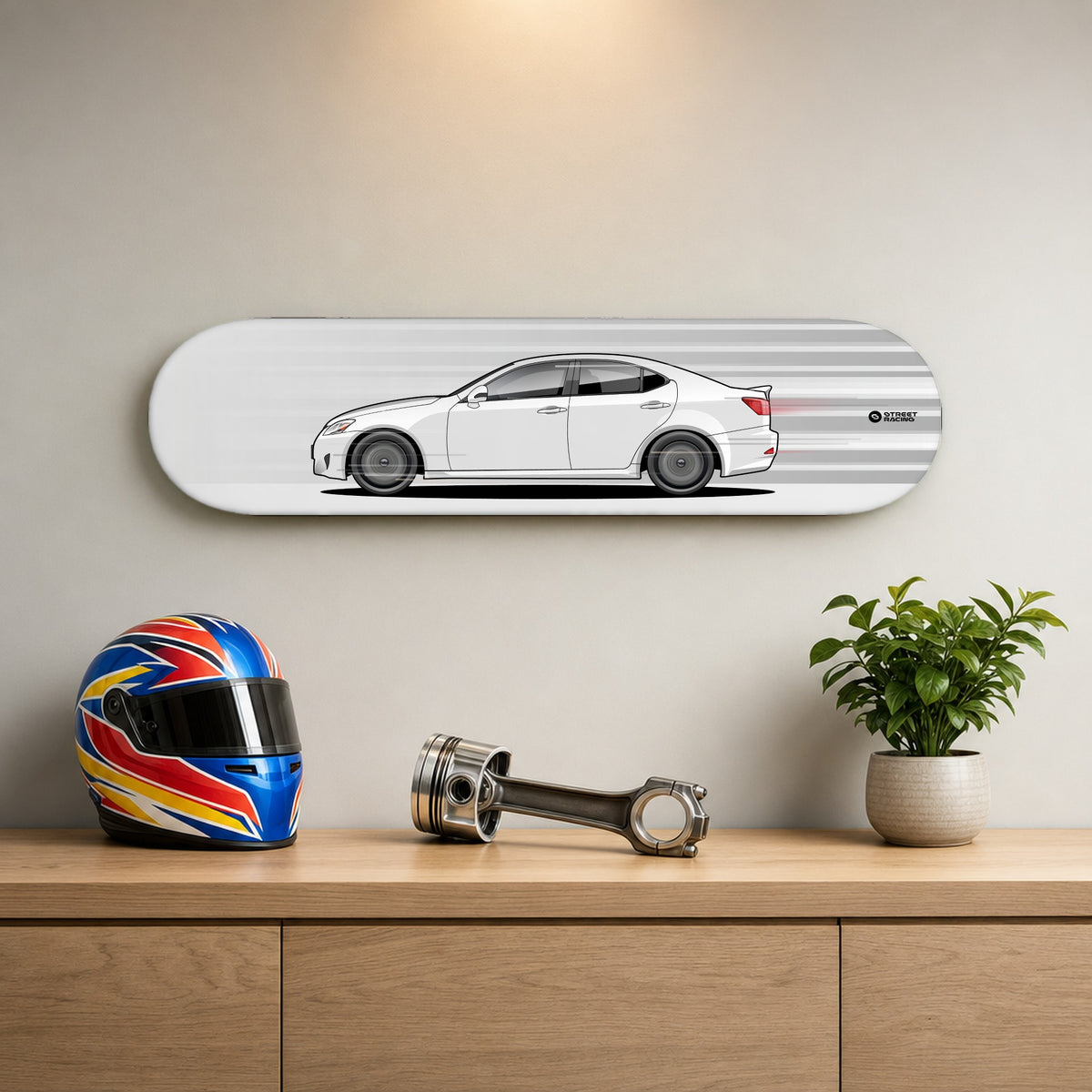 Tabla decorativa skate Lexus IS 250 Starfire Pearl fondo Movimiento en un living – StreetRacing
