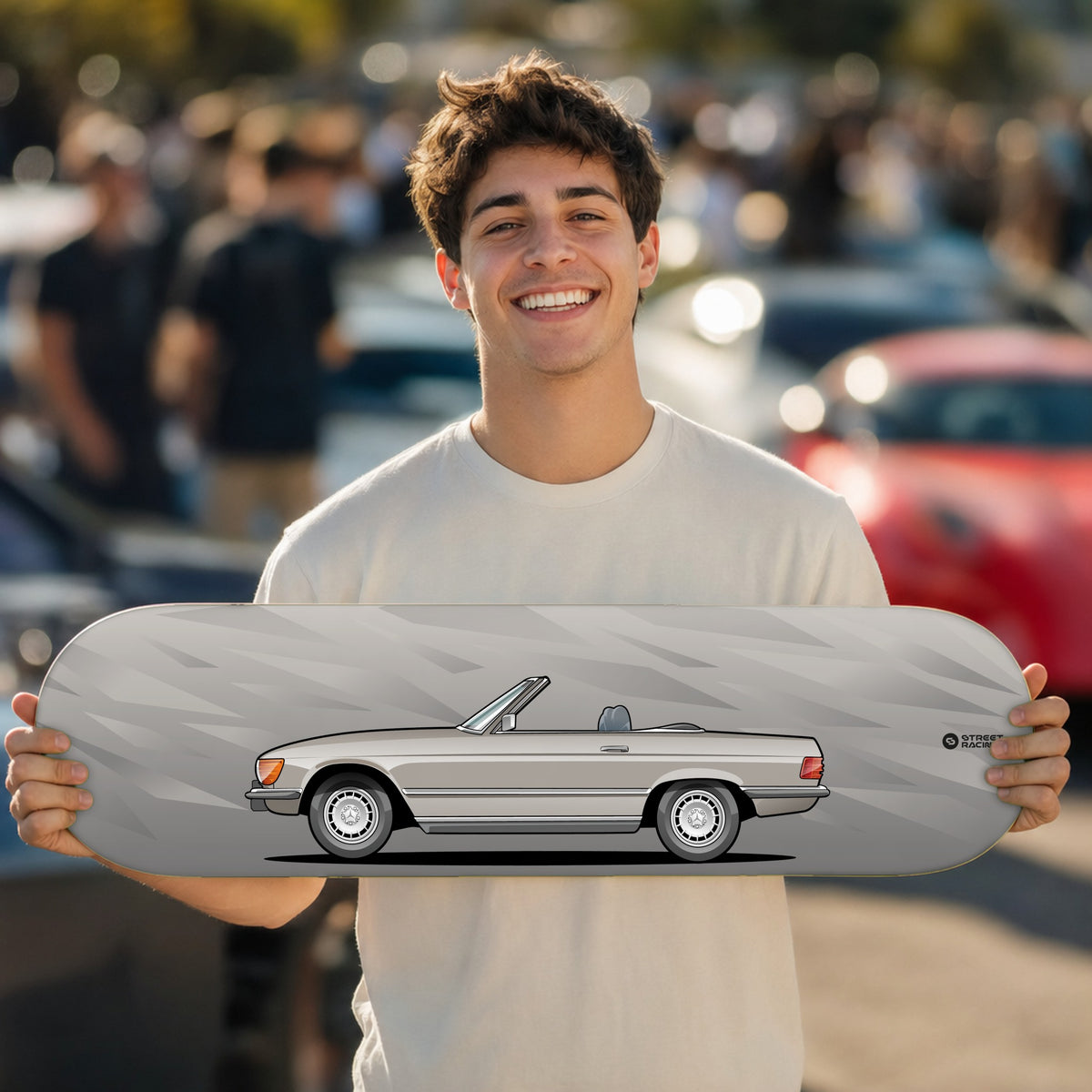 Tabla decorativa skate Mercedes-Benz 450 SL 1975 Champagne fondo Fragmentos en un car meet – StreetRacing