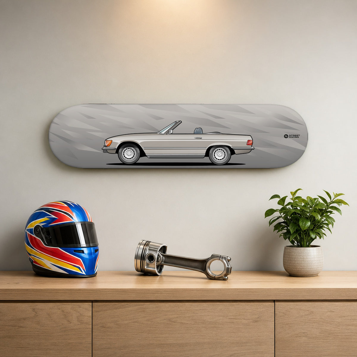 Tabla decorativa skate Mercedes-Benz 450 SL 1975 Champagne fondo Fragmentos en un living – StreetRacing