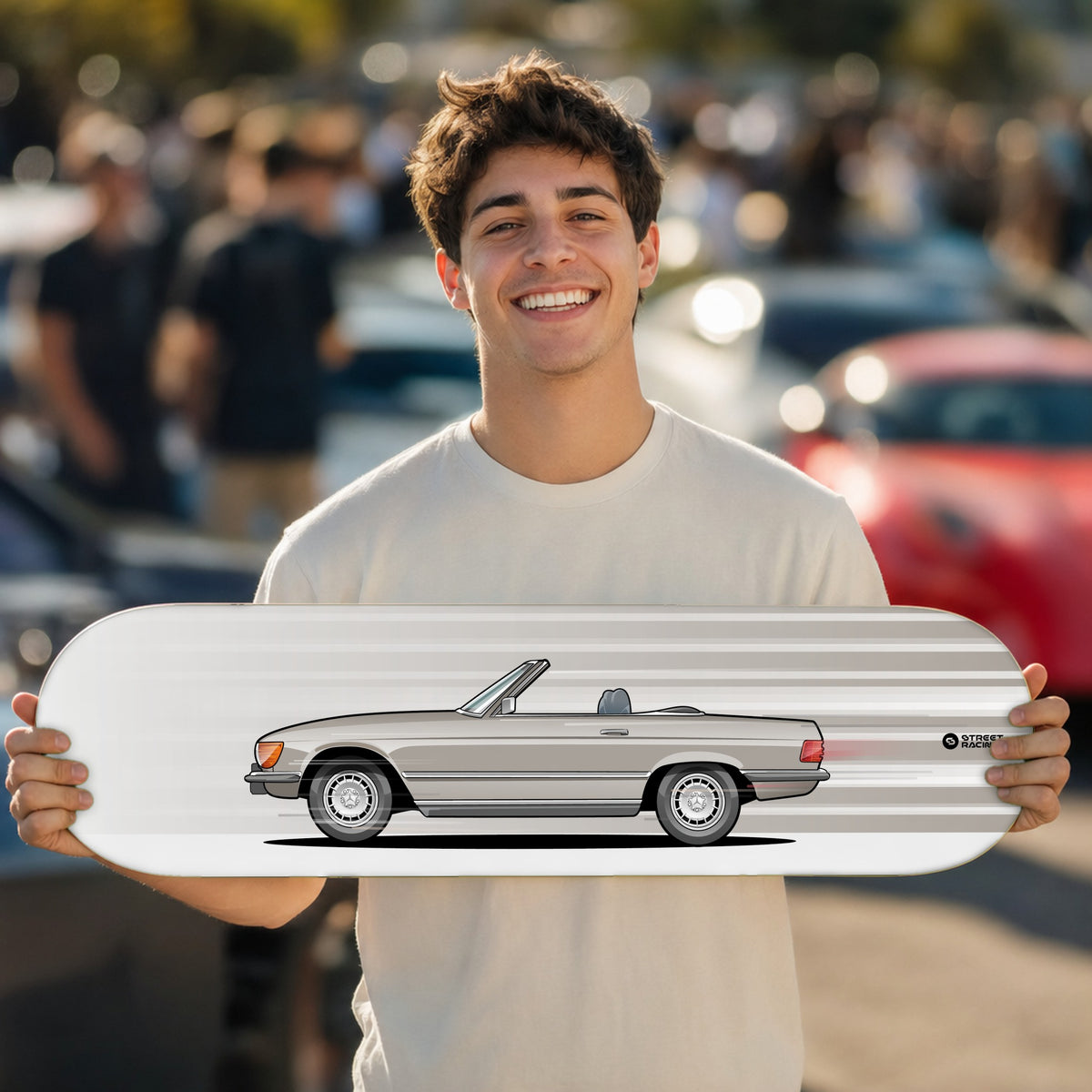Tabla decorativa skate Mercedes-Benz 450 SL 1975 Champagne fondo Movimiento en un car meet – StreetRacing