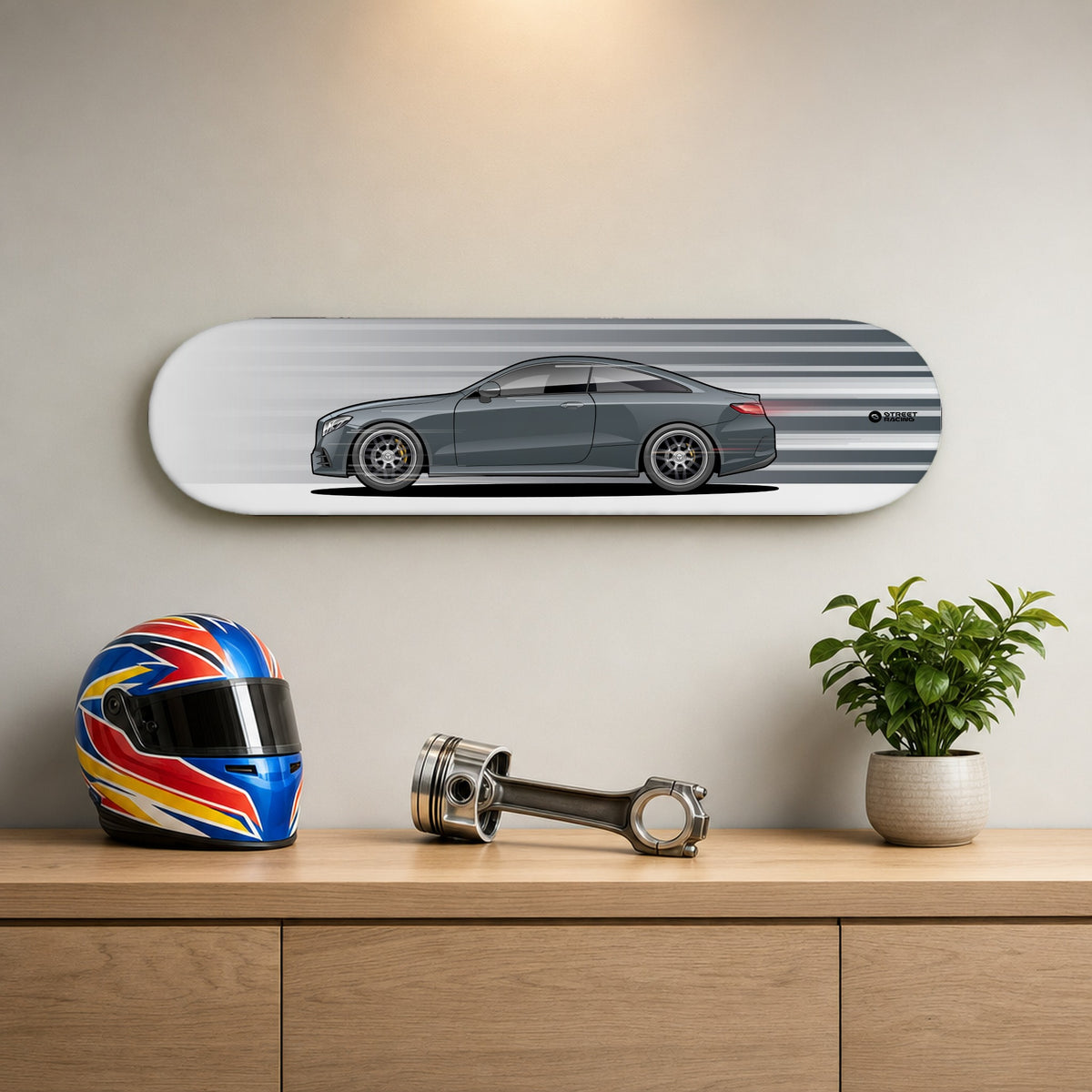 Tabla decorativa skate Mercedes-Benz E 300 Coupé Selenite Grey fondo Movimiento en un living – StreetRacing
