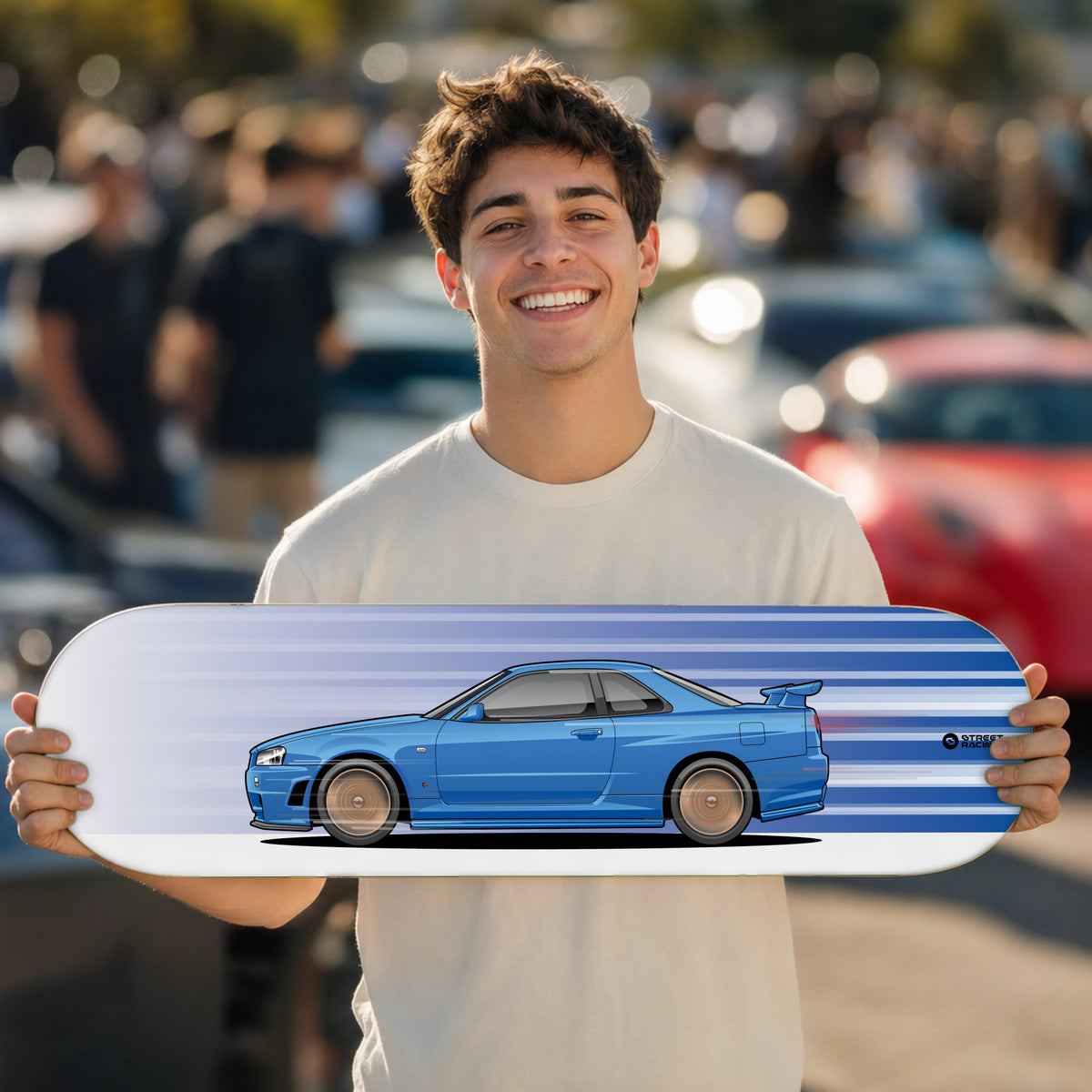 Tabla decorativa skate Nissan Skyline GT-R R34 Bayside Blue fondo Movimiento en un car meet – StreetRacing