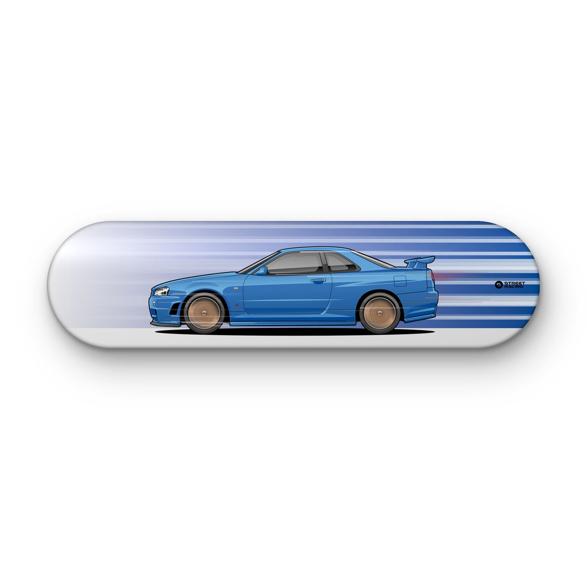 Tabla decorativa skate Nissan Skyline GT-R R34 Bayside Blue fondo Movimiento sobre fondo blanco – StreetRacing