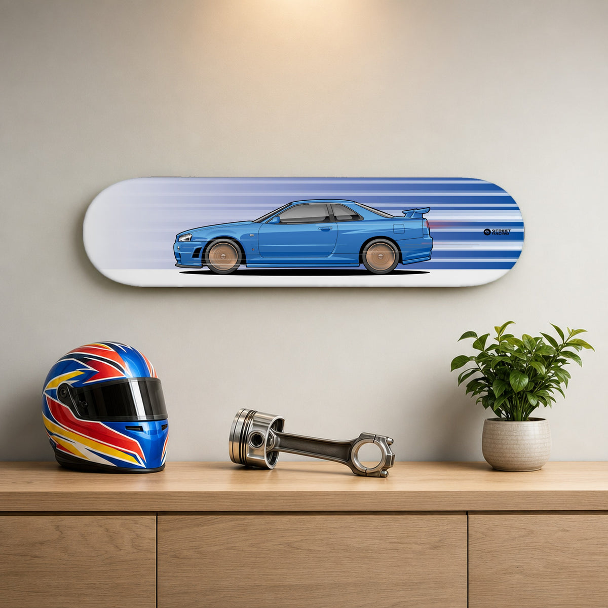 Tabla decorativa skate Nissan Skyline GT-R R34 Bayside Blue fondo Movimiento en un living – StreetRacing