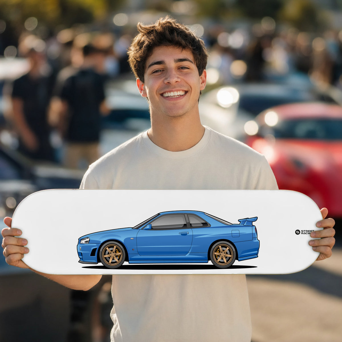 Tabla decorativa skate Nissan Skyline GT-R R34 Bayside Blue fondo Plano en un car meet – StreetRacing