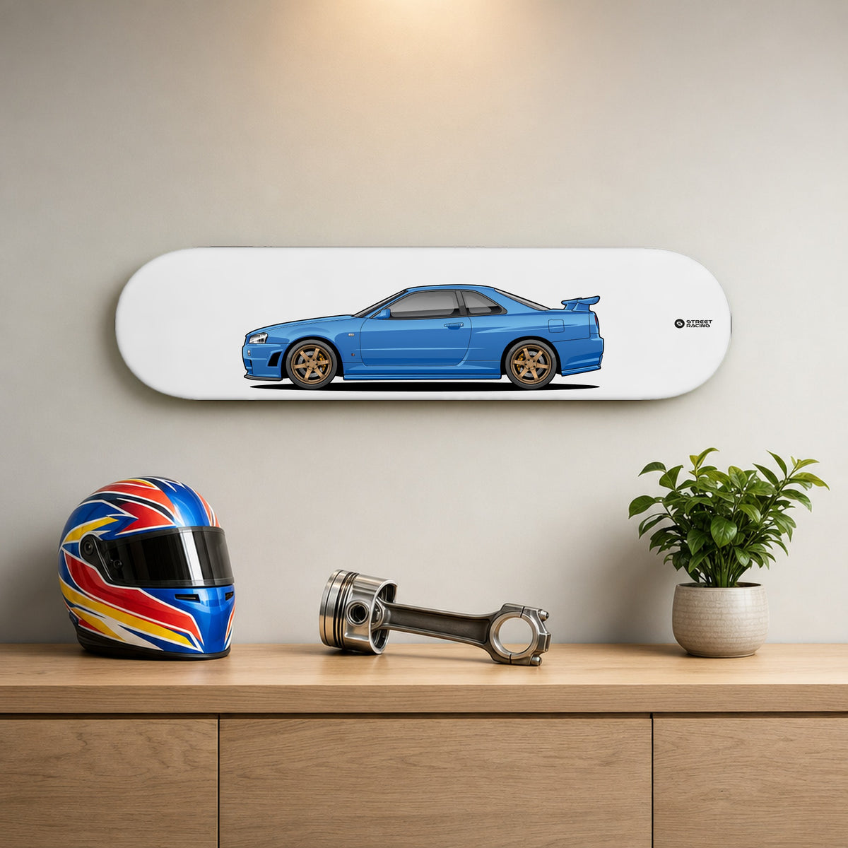 Tabla decorativa skate Nissan Skyline GT-R R34 Bayside Blue fondo Plano en un living – StreetRacing