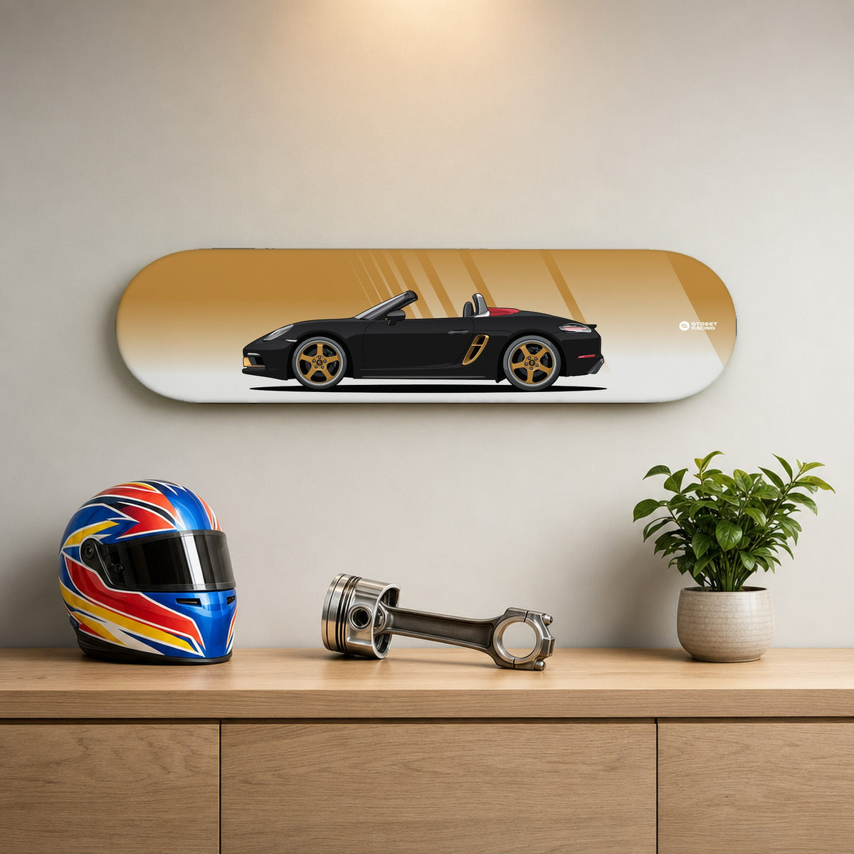 Tabla decorativa skate Porsche 718 Boxster 25 Years Jet Black fondo Degradé en un living – StreetRacing