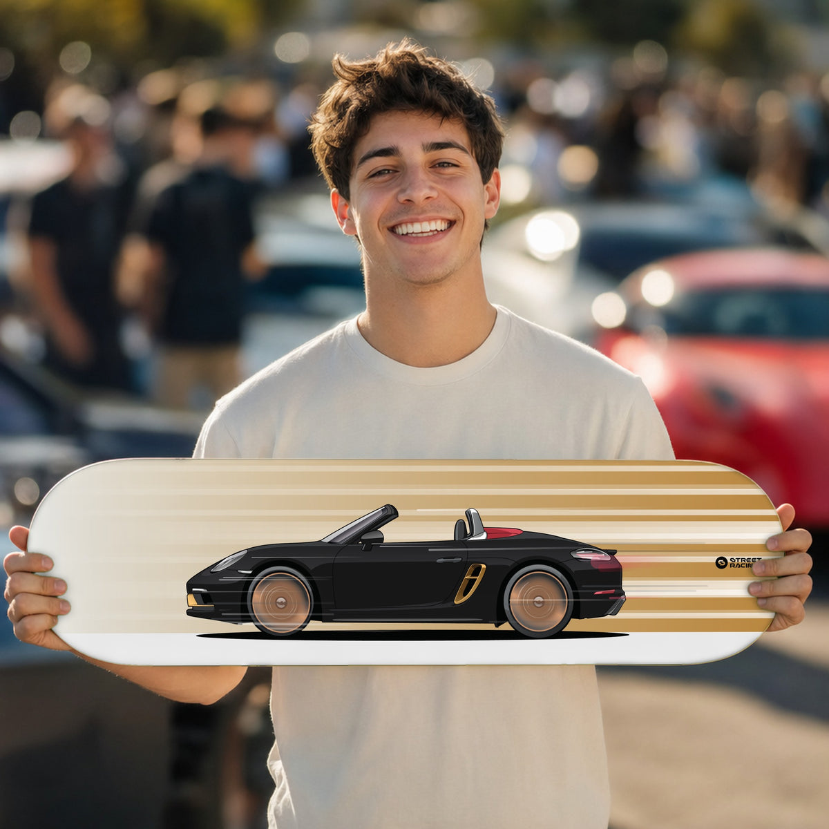 Tabla decorativa skate Porsche 718 Boxster 25 Years Jet Black fondo Movimiento en un car meet – StreetRacing