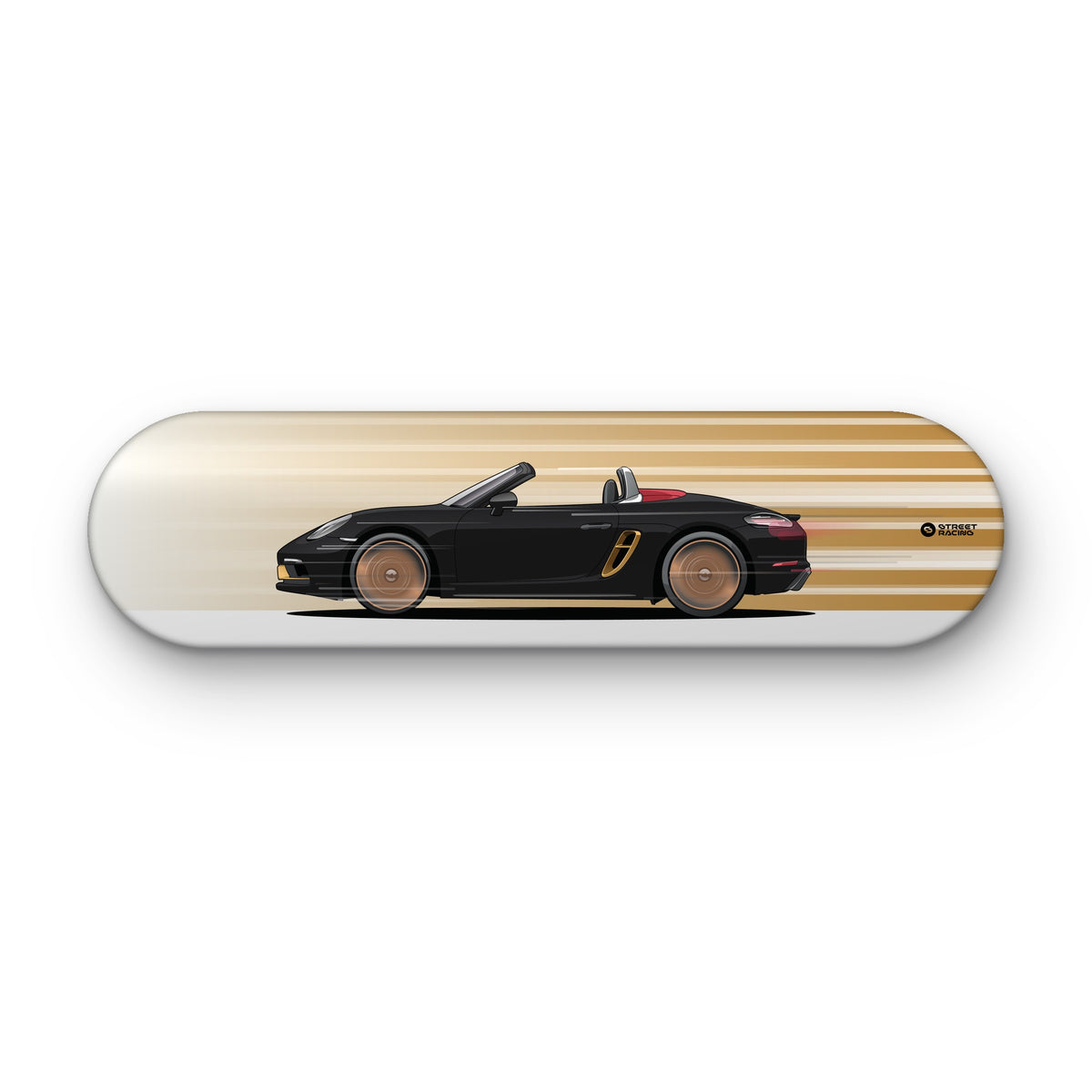 Tabla decorativa skate Porsche 718 Boxster 25 Years Jet Black fondo Movimiento sobre fondo blanco – StreetRacing