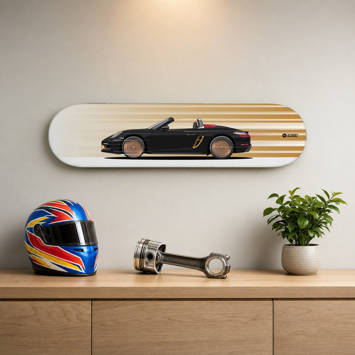 Tabla decorativa skate Porsche 718 Boxster 25 Years Jet Black fondo Movimiento en un living – StreetRacing