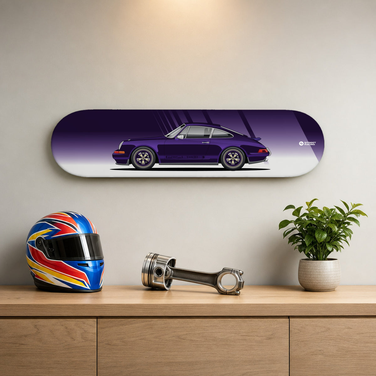 Tabla decorativa skate Porsche 911 964 Theon Design Morado fondo Degradé en un living – StreetRacing