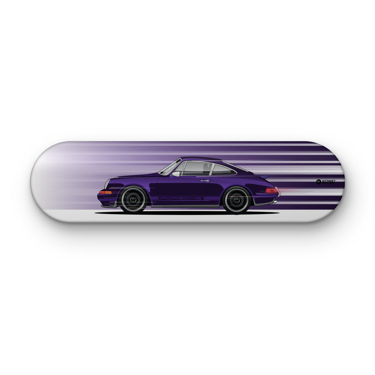 Tabla decorativa skate Porsche 911 964 Theon Design Morado fondo Movimiento sobre fondo blanco – StreetRacing