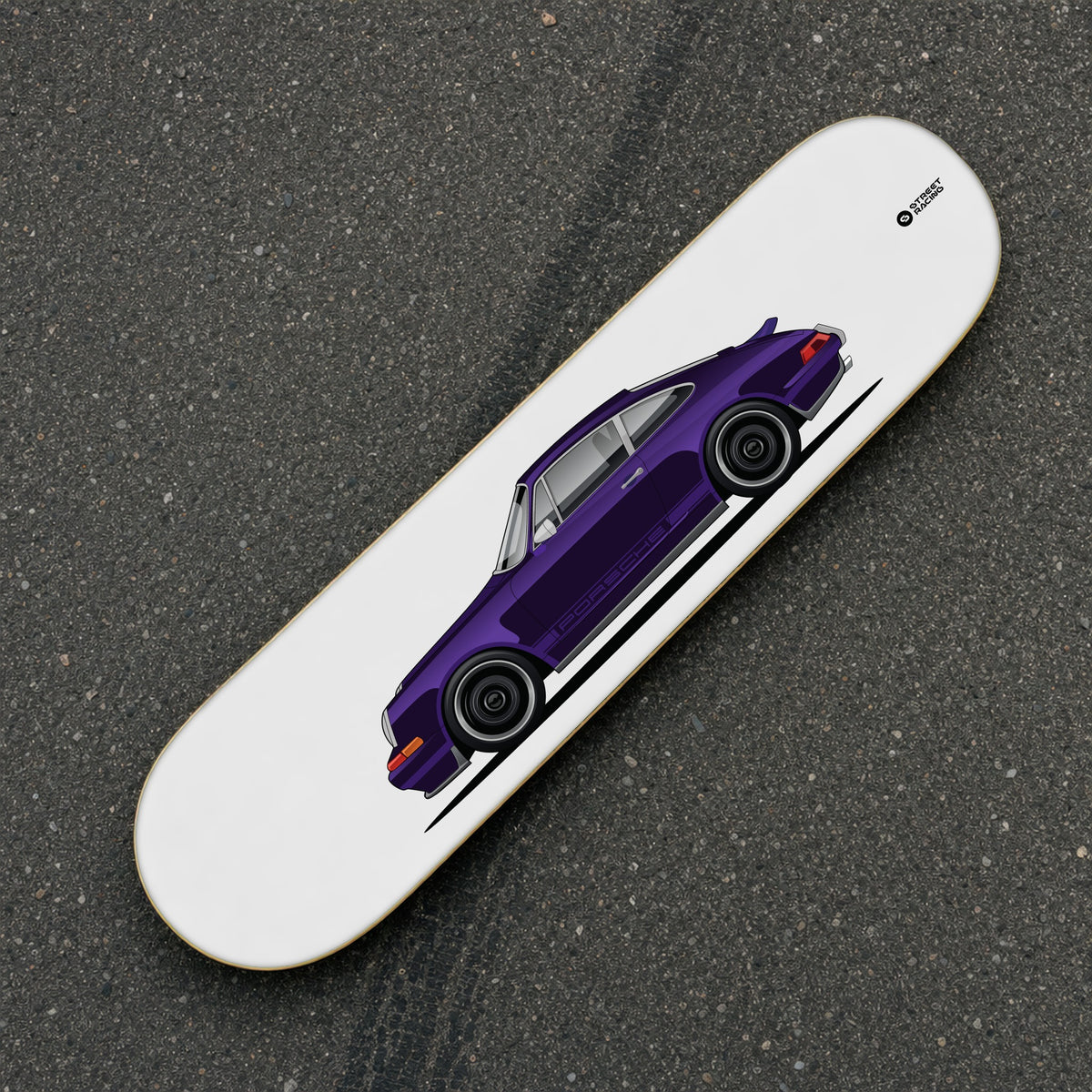 Tabla decorativa skate Porsche 911 964 Theon Design Morado fondo Plano sobre el asfalto – StreetRacing