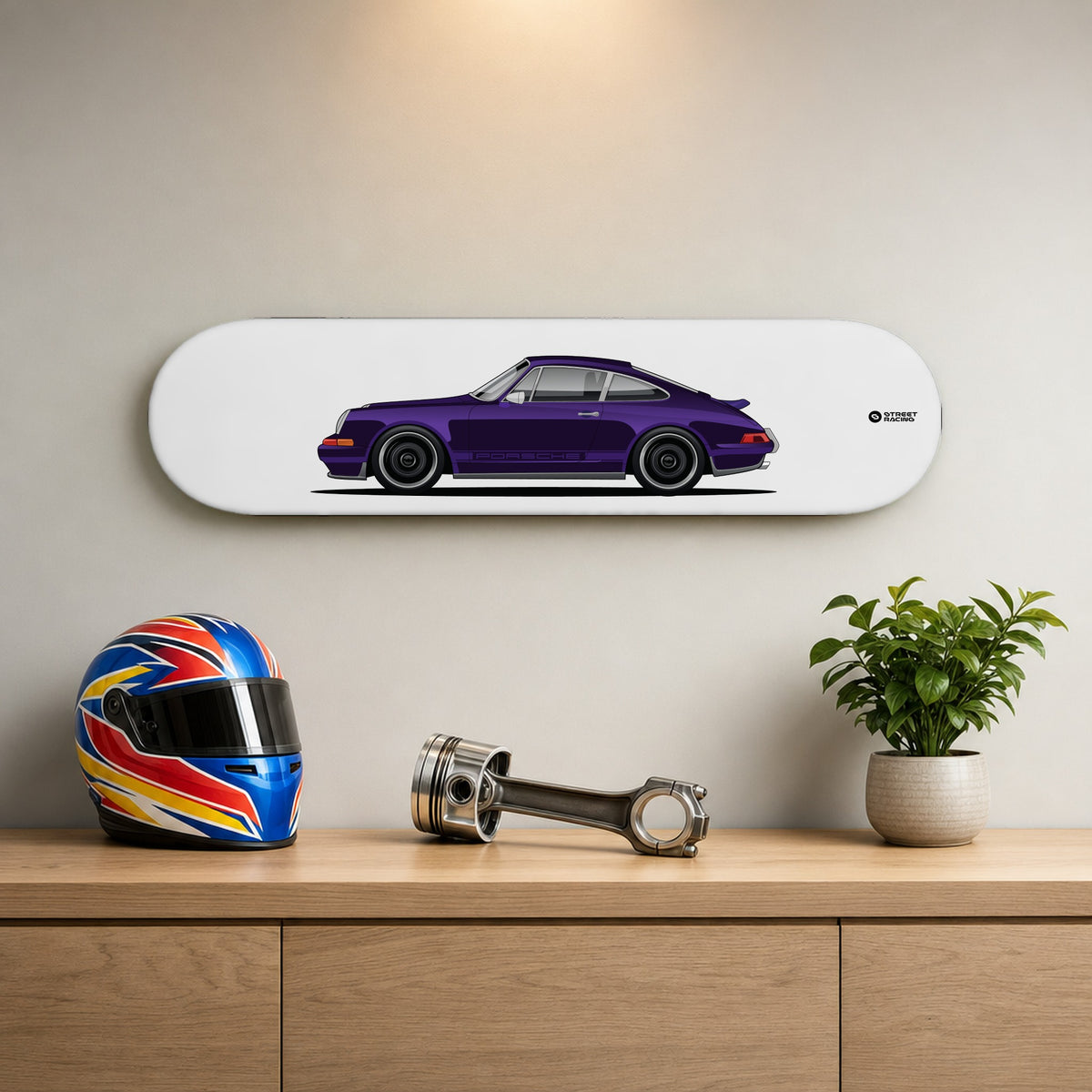 Tabla decorativa skate Porsche 911 964 Theon Design Morado fondo Plano en un living – StreetRacing