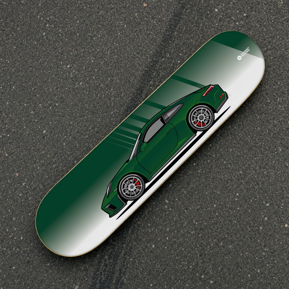 Tabla decorativa skate Porsche 911 GT3 Touring 991.2 Brewster Green fondo Degradé sobre el asfalto – StreetRacing