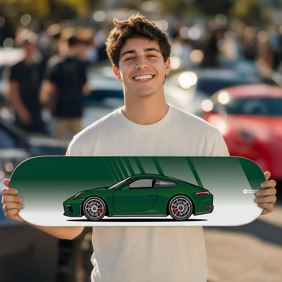 Tabla decorativa skate Porsche 911 GT3 Touring 991.2 Brewster Green fondo Degradé en un car meet – StreetRacing