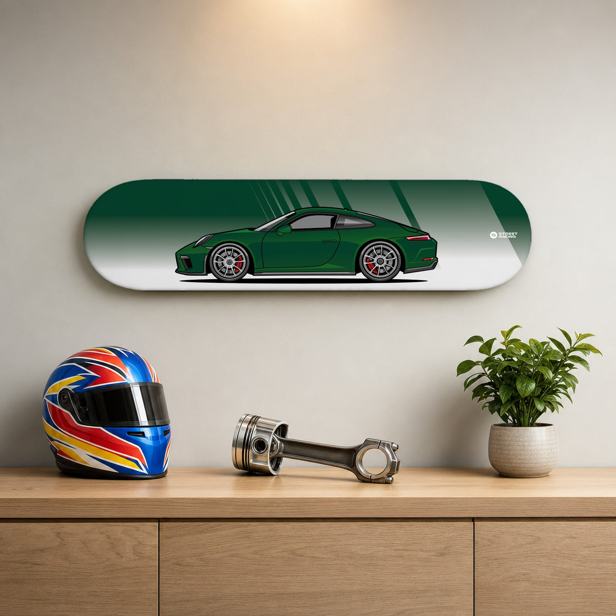 Tabla decorativa skate Porsche 911 GT3 Touring 991.2 Brewster Green fondo Degradé en un living – StreetRacing