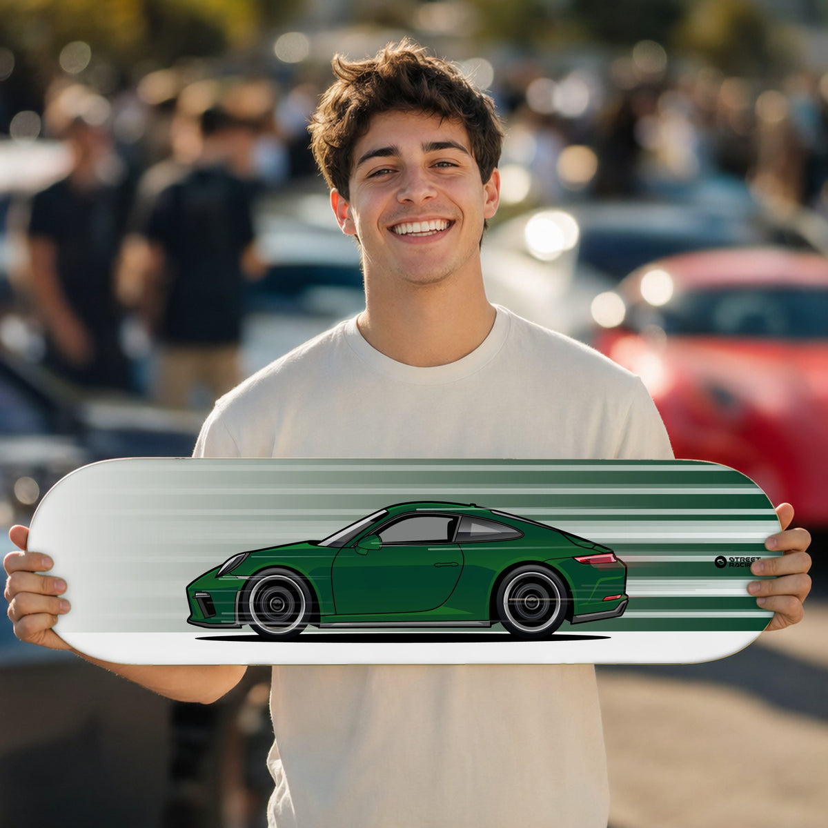 Tabla decorativa skate Porsche 911 GT3 Touring 991.2 Brewster Green fondo Movimiento en un car meet – StreetRacing