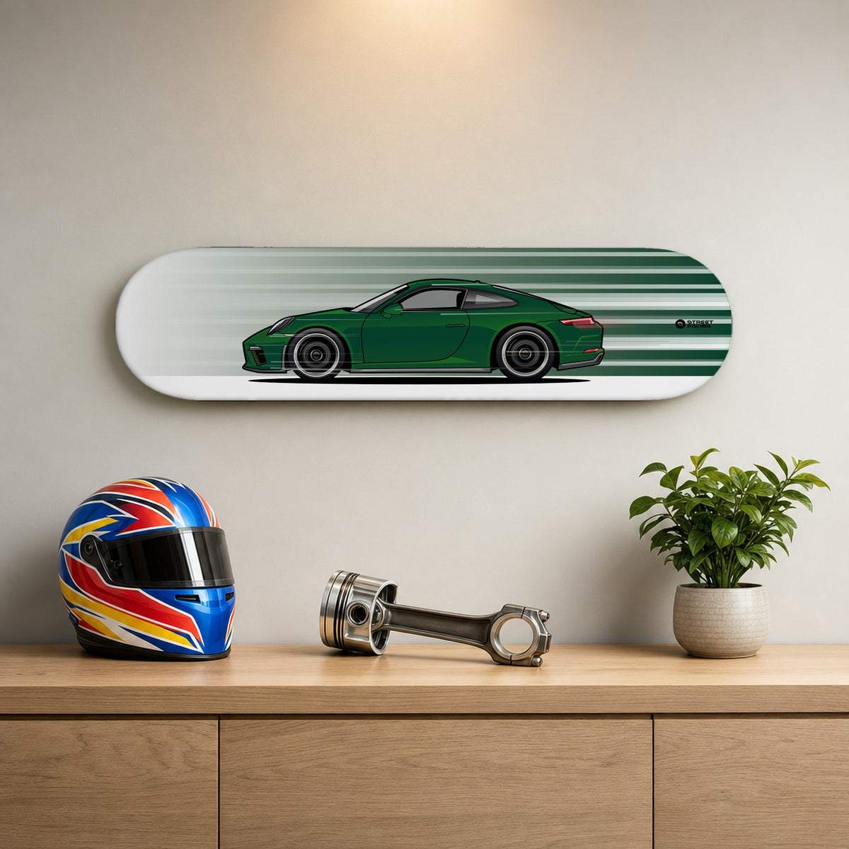 Tabla decorativa skate Porsche 911 GT3 Touring 991.2 Brewster Green fondo Movimiento en un living – StreetRacing