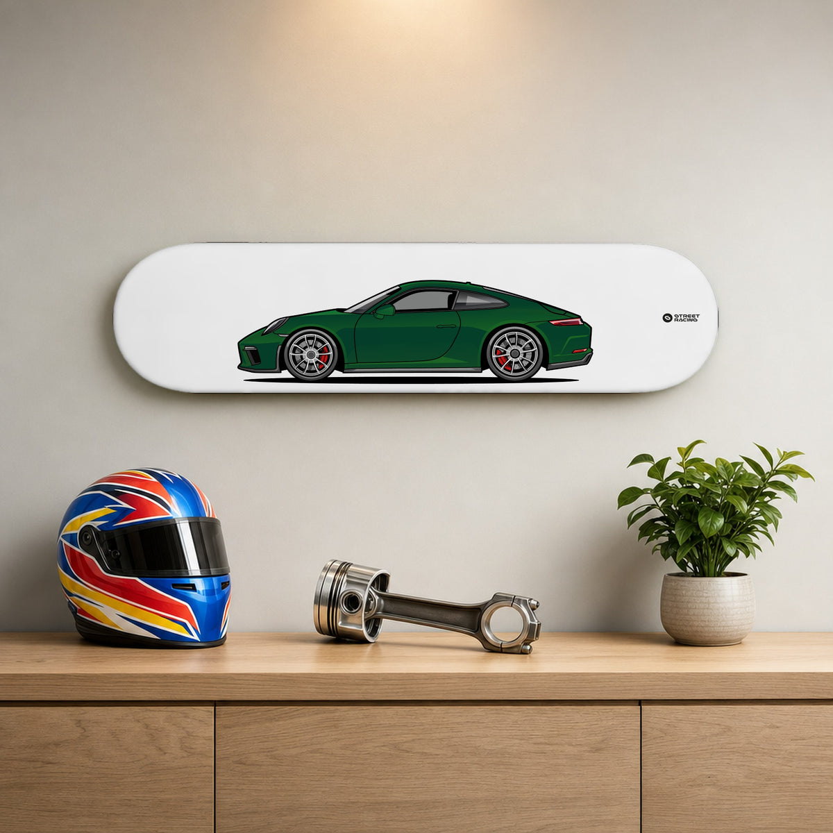 Tabla decorativa skate Porsche 911 GT3 Touring 991.2 Brewster Green fondo Plano en un living – StreetRacing