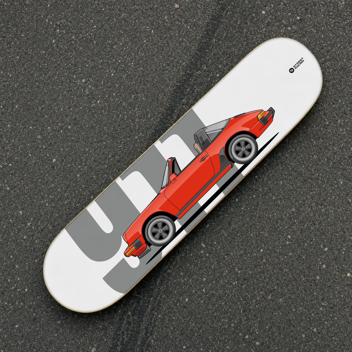 Tabla decorativa skate Porsche 911 Targa 1986 Guards Red fondo 911 sobre el asfalto – StreetRacing