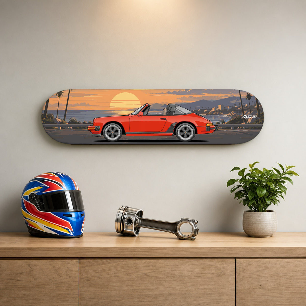 Tabla decorativa skate Porsche 911 Targa 1986 Guards Red fondo Atardecer en un living – StreetRacing