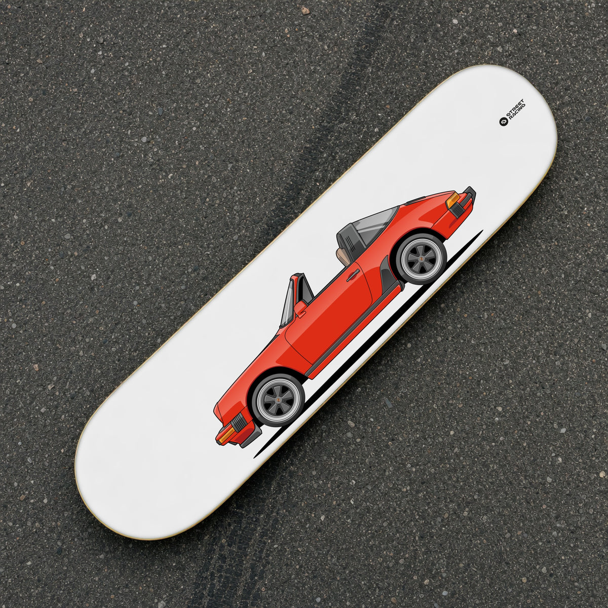 Tabla decorativa skate Porsche 911 Targa 1986 Guards Red fondo Plano sobre el asfalto – StreetRacing
