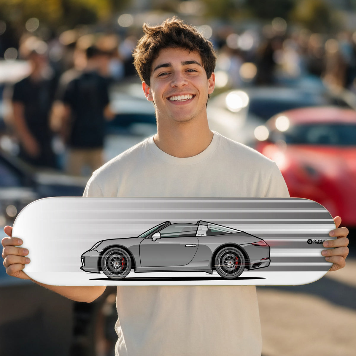Tabla decorativa skate Porsche 911 Targa 4S 991.2 Agate Grey fondo Movimiento en un car meet – StreetRacing