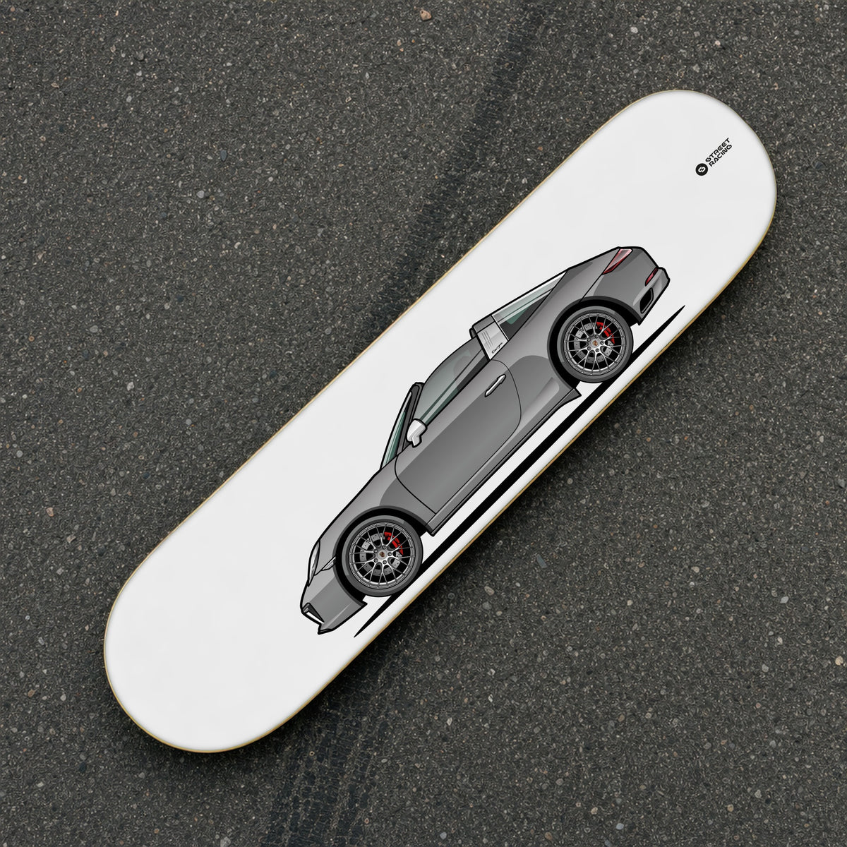 Tabla decorativa skate Porsche 911 Targa 4S 991.2 Agate Grey fondo Plano sobre el asfalto – StreetRacing