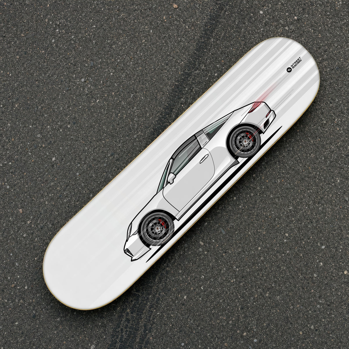 Tabla decorativa skate Porsche 911 Targa 4S 991.2 Carrara White fondo Movimiento sobre el asfalto – StreetRacing