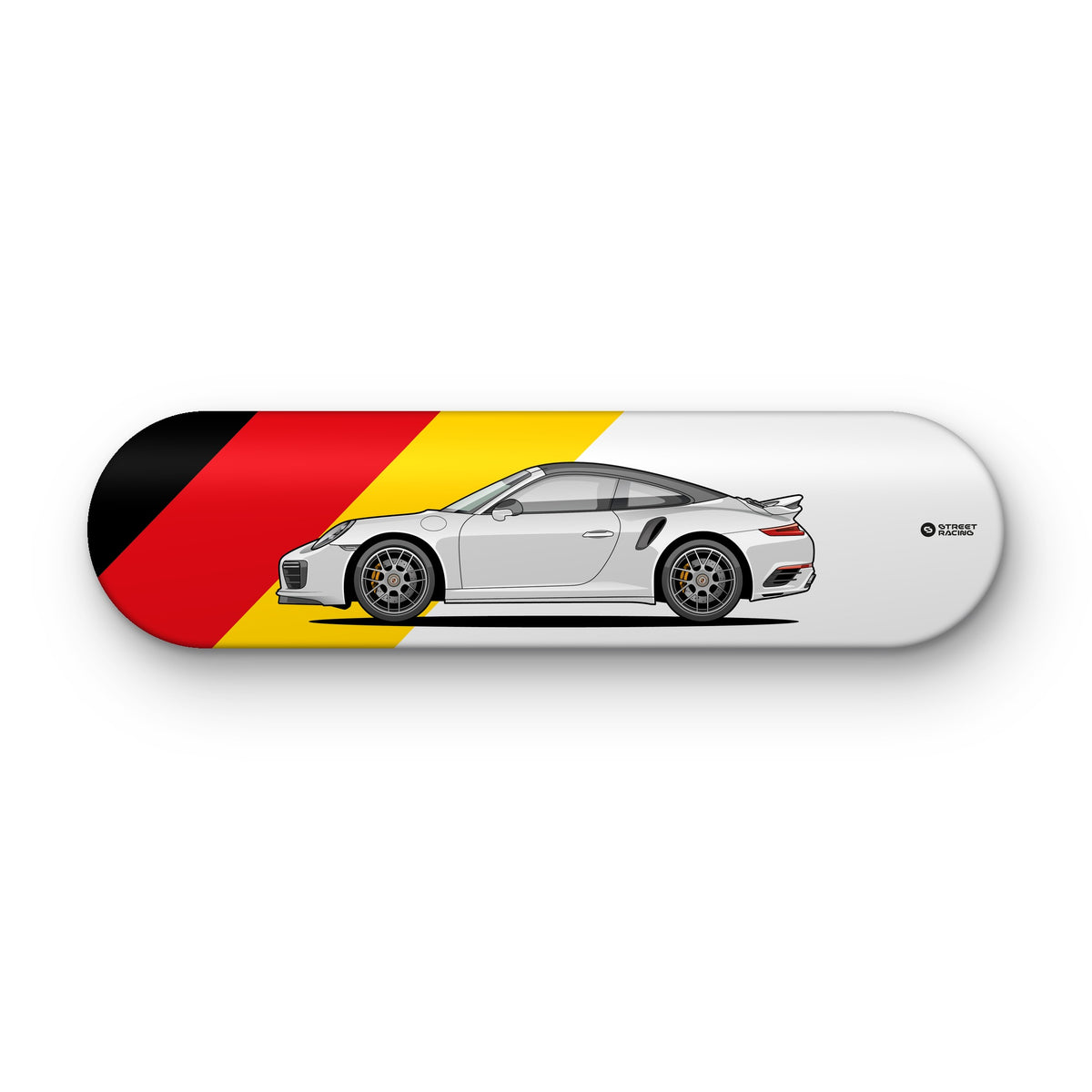 Tabla decorativa skate Porsche 911 Turbo S Cabriolet 991.2 Carrara White fondo Bandera alemana sobre fondo blanco – StreetRacing