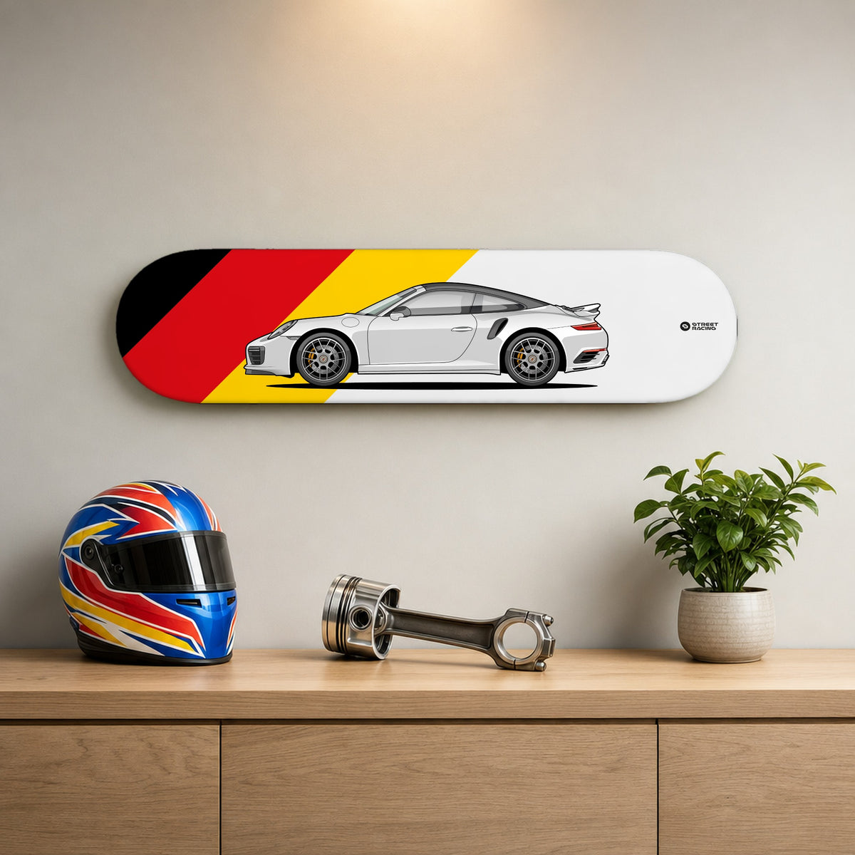 Tabla decorativa skate Porsche 911 Turbo S Cabriolet 991.2 Carrara White fondo Bandera alemana en un living – StreetRacing