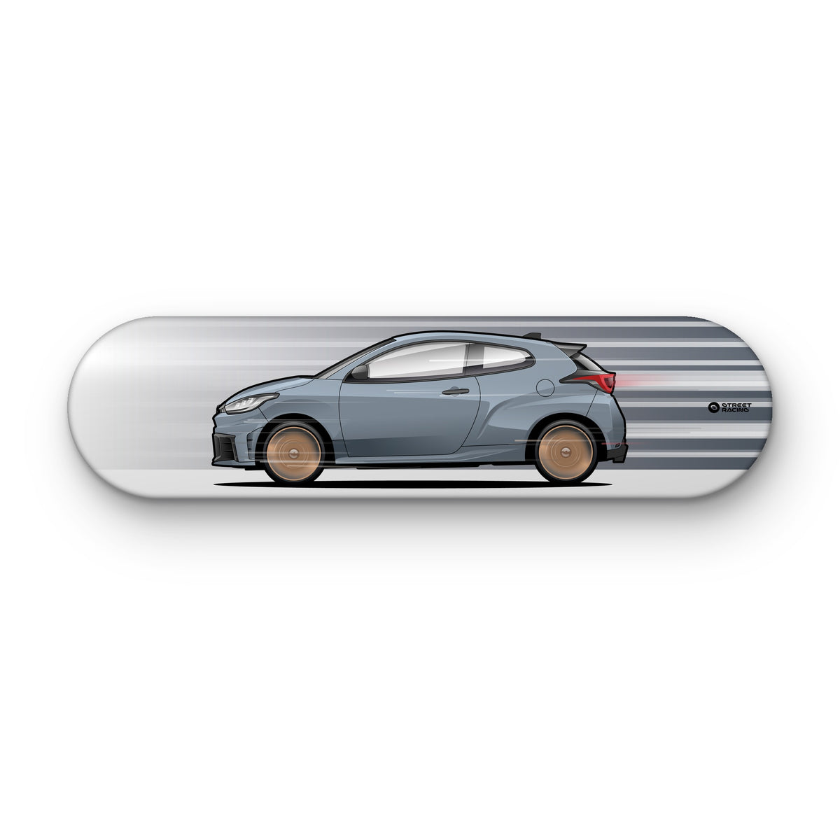 Tabla decorativa skate Toyota GR Yaris Gris azulado fondo Movimiento sobre fondo blanco – StreetRacing