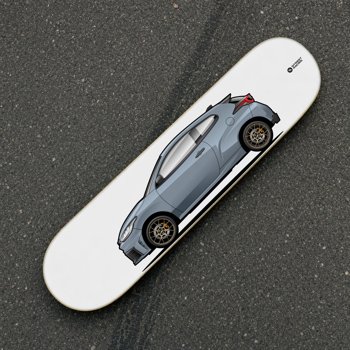 Tabla decorativa skate Toyota GR Yaris Gris azulado fondo Plano sobre el asfalto – StreetRacing