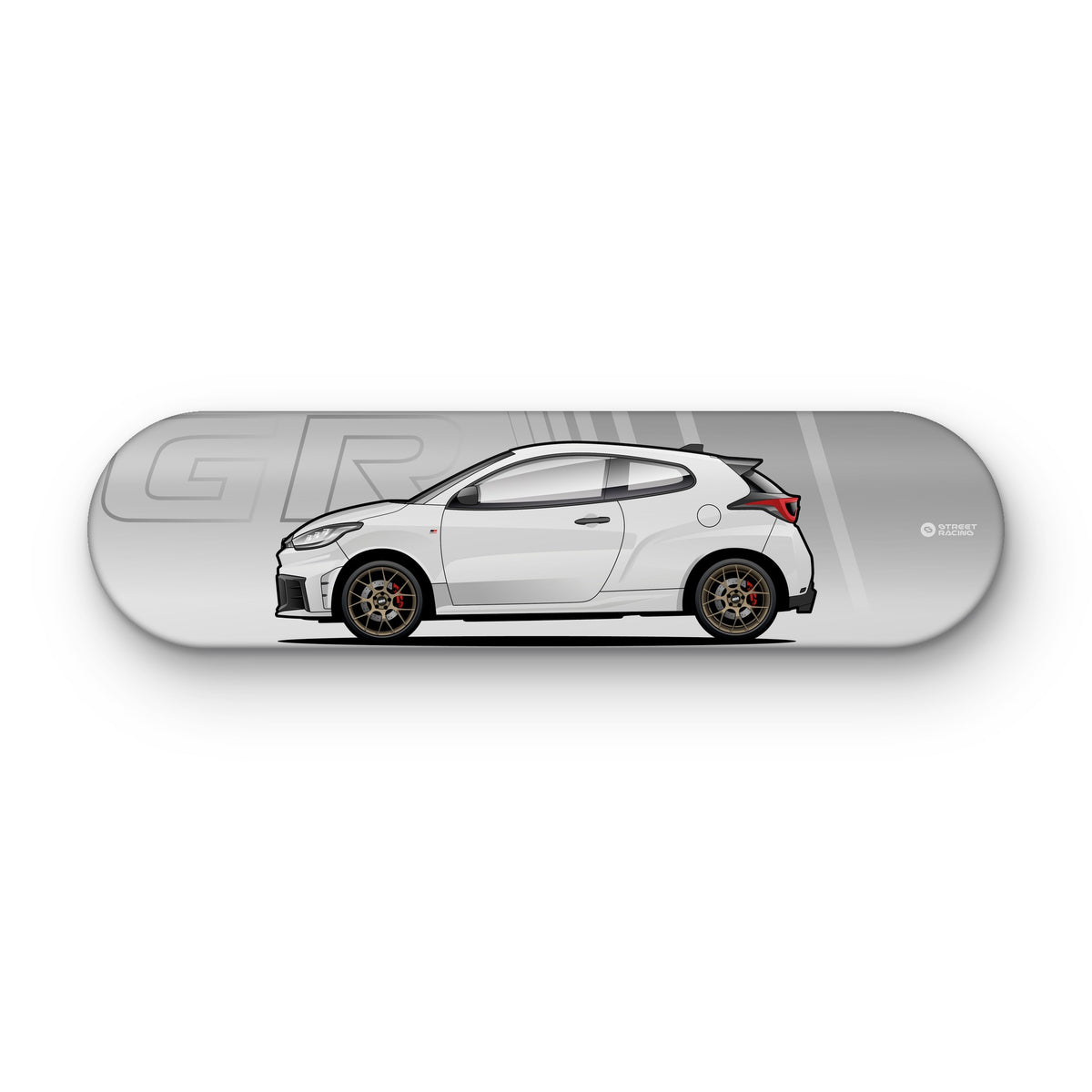 Tabla decorativa skate Toyota GR Yaris Platinum White Pearl fondo GR sobre fondo blanco – StreetRacing