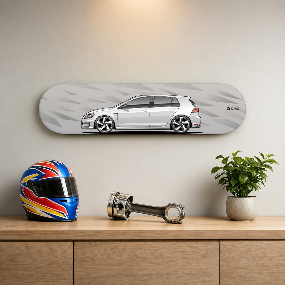 Tabla decorativa skate Volkswagen Golf GTI MK7 Pure White fondo Fragmentos en un living – StreetRacing